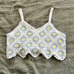Crochet Daisy Crop Top - White, Blue & Yellow